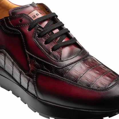 Mezlan Beckton Men's Burgundy Patina Calfskin & Crocodile Dress Sneaker - Handmade in Spain