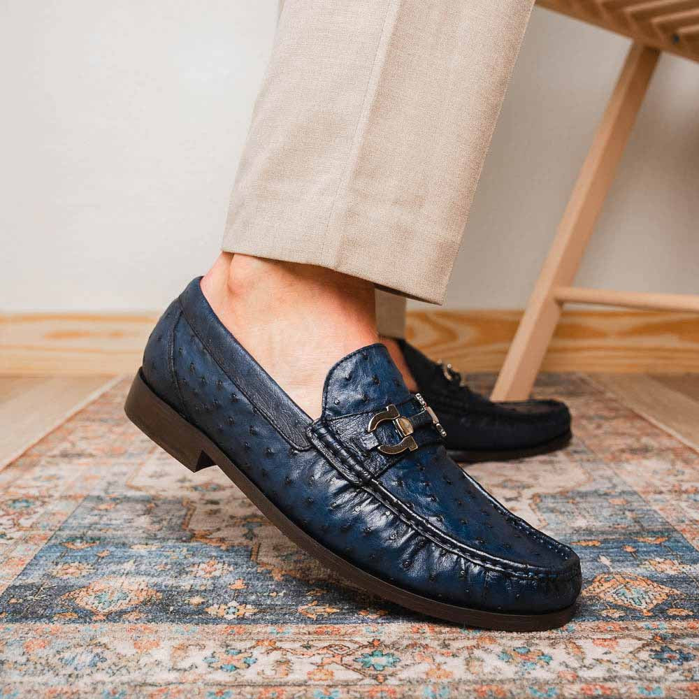 Ferrioni Men’s Genuine Ostrich Moc Toe Bit Loafers | Marco Di Milano in Navy