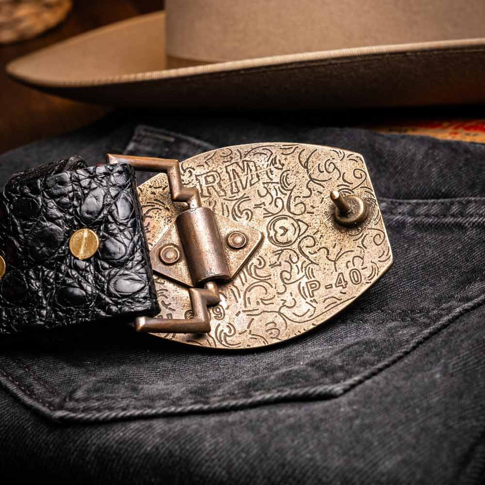Marlboro Genuine Hornback Caiman Skin Belt in Black with Antique Western Buckle | Marco Di Milano Exotic Belt