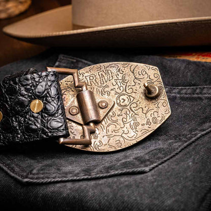 Marlboro Genuine Hornback Caiman Skin Belt in Black with Antique Western Buckle | Marco Di Milano Exotic Belt