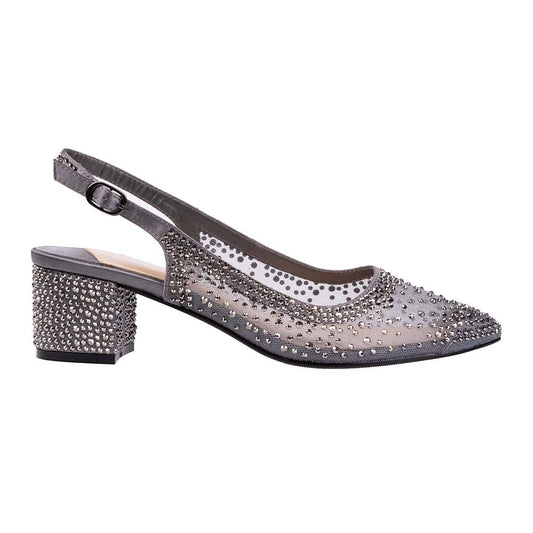 Lady Couture DEMI Pewter Rhinestone Mesh Slingback Block with 2.5-Inch Heel