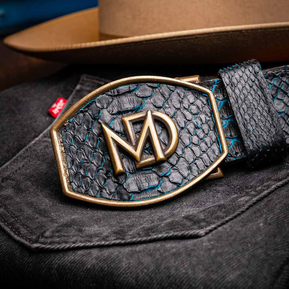 Arkansas Genuine Python Skin Western Belt in Black/Blue with Antique Western Buckle | Marco Di Milano Exotic Belt