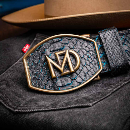 Arkansas Genuine Python Skin Western Belt in Black/Blue with Antique Western Buckle | Marco Di Milano Exotic Belt