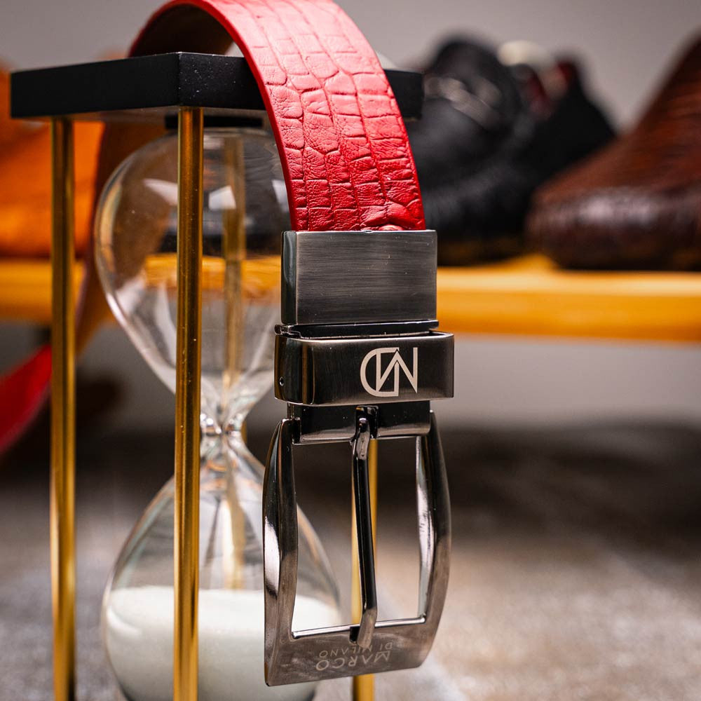 Riccardo Genuine Exotic Caiman Fuscus-Belly Red Belt with a Chrome Buckle | Marco Di Milano Exotic Belt