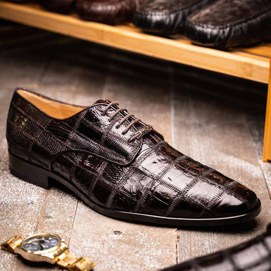 Pissa Brown Men's Genuine Crocodile and Lizard Skin Patchwork Derby