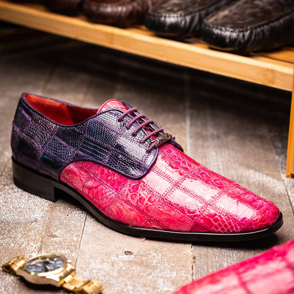Pissa Pink/Purple Men’s Genuine Crocodile and Lizard Skin Patchwork Derby