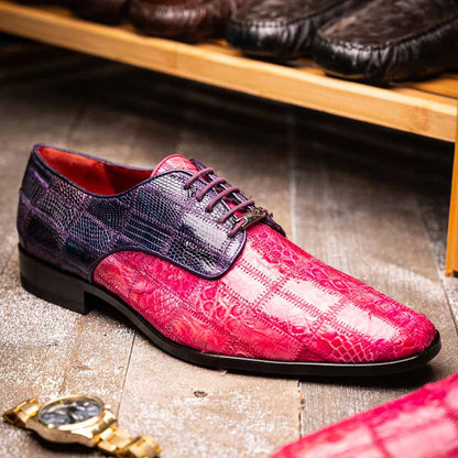 Pissa Pink/Purple Men’s Genuine Crocodile and Lizard Skin Patchwork Derby