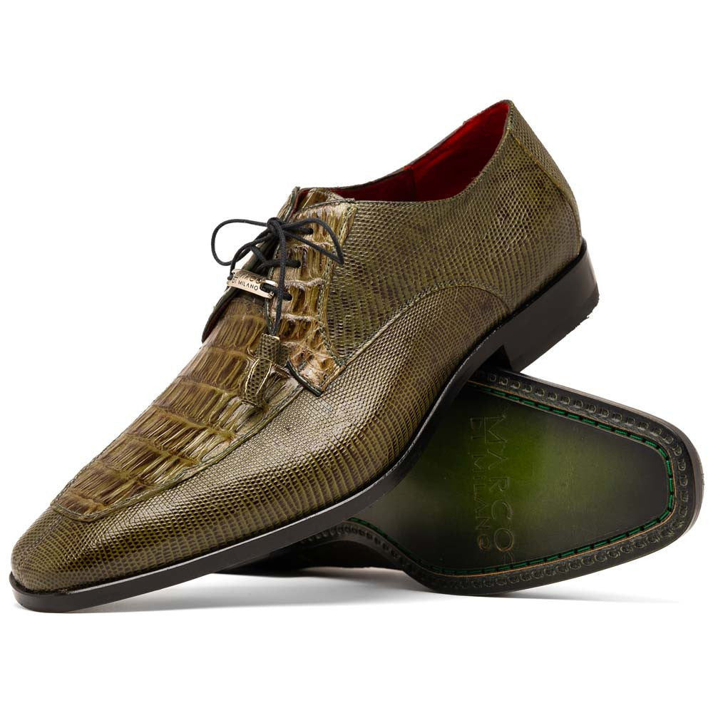 Merida Genuine Caiman and Lizard Skin Olive Green Dress Derby | Marco Di Milano