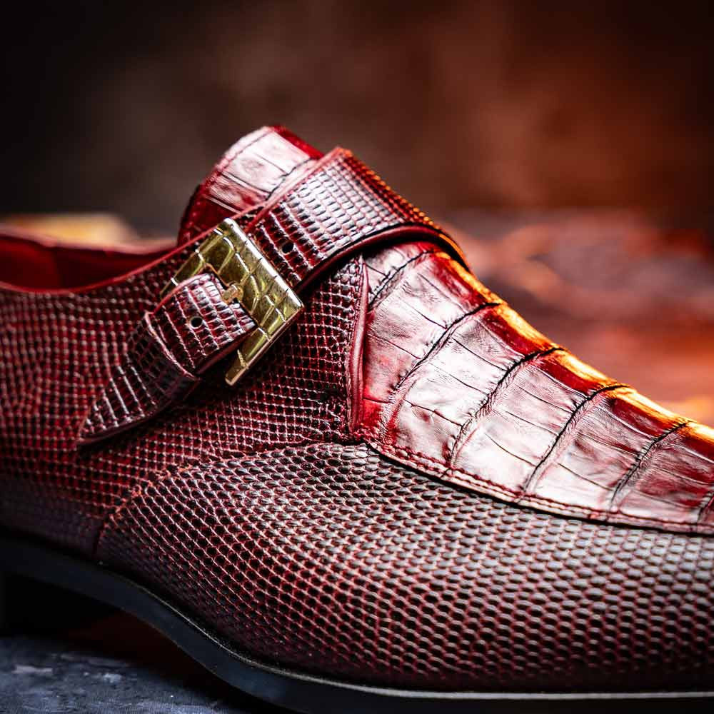 Toluca Genuine Crocodile and Lizard Skin Wine Monk Strap | Marco Di Milano