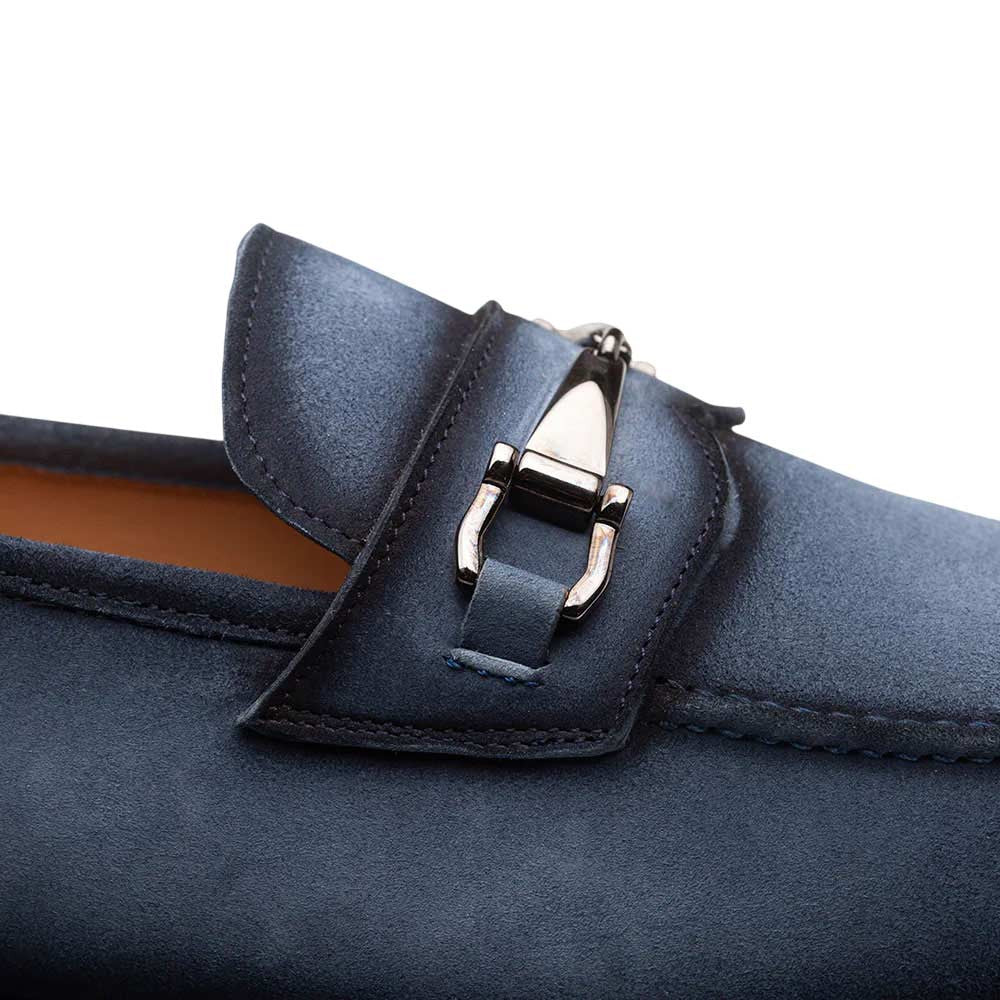Bracco Burnished Suede Ornament Blue Slip On | Mezlan Dress Loafer for Men