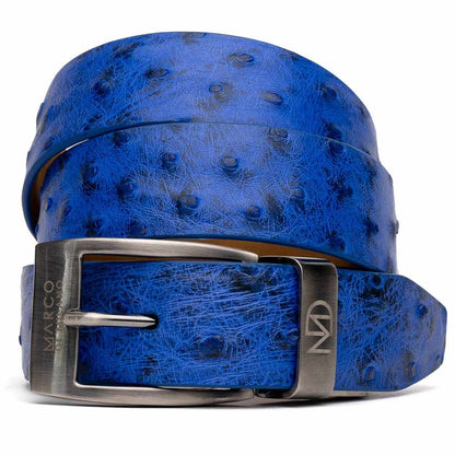 Domenico Men’s Genuine Exotic Ostrich Belts With Brushed Chrome Buckle | Marco Di Milano Exotic Belt in Blue
