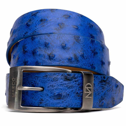 Domenico Men’s Genuine Exotic Ostrich Belts With Brushed Chrome Buckle | Marco Di Milano Exotic Belt in Blue