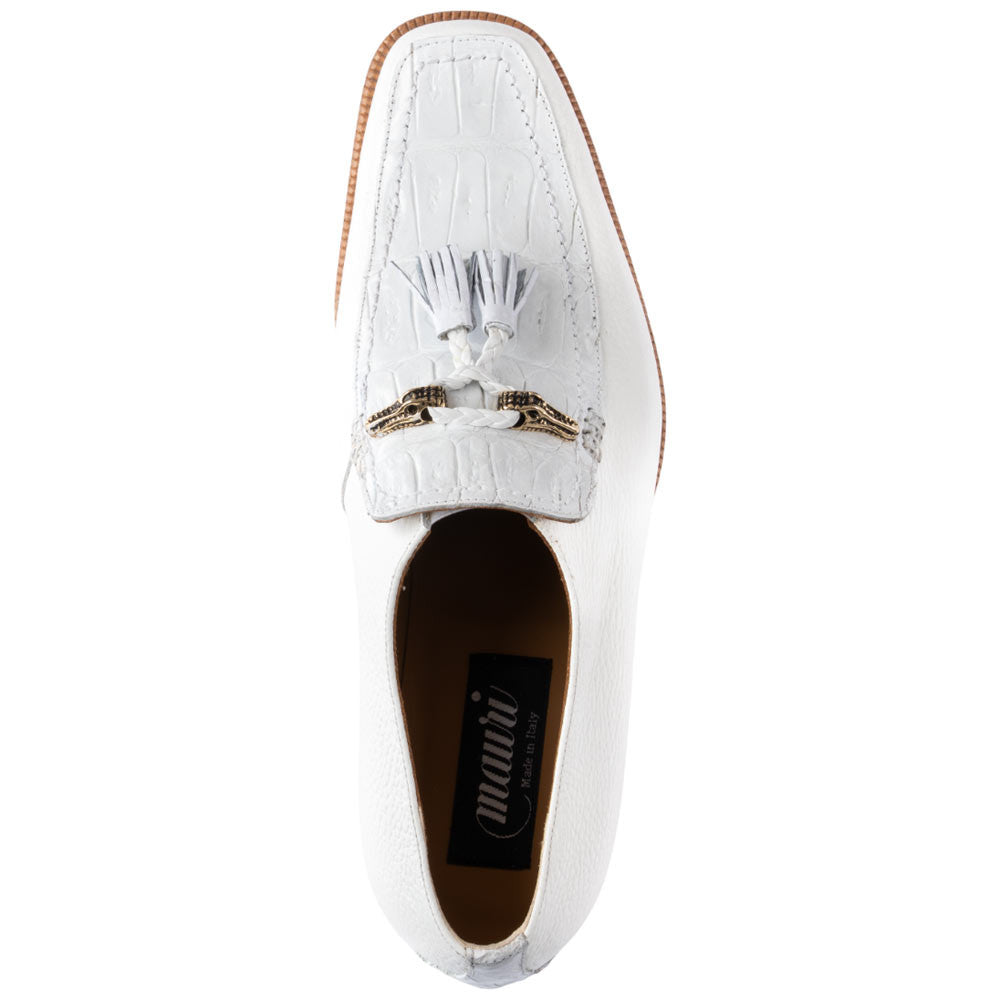 MAURI Shoes Men’s Square Toe Tassel Slip-On White Time Leather & Baby Crocodile Luxury Dress Loafers