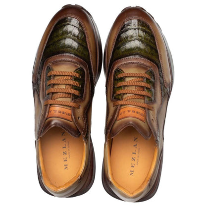 Mezlan Beckton Men's Olive Patina Calfskin & Crocodile Dress Sneaker - Handmade in Spain
