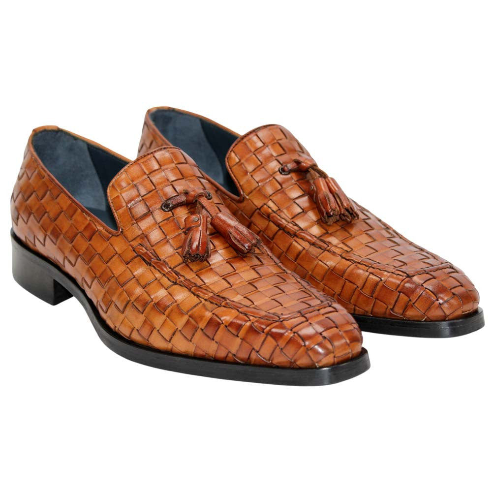 DUCA Tirrenea Cognac Men's Italian Woven Leather Tassel Loafers
