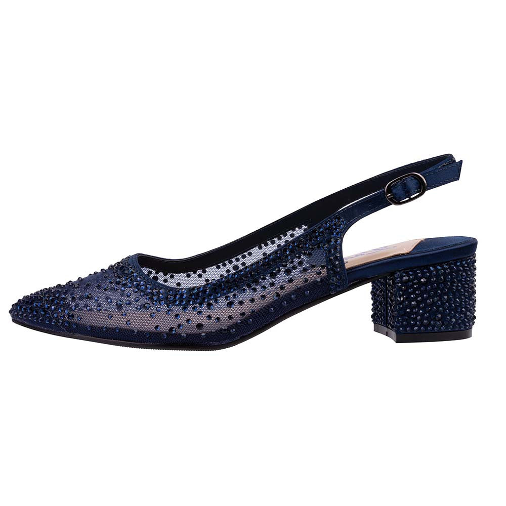 Lady Couture DEMI Navy Rhinestone Mesh Slingback Block with 2.5-Inch Heel