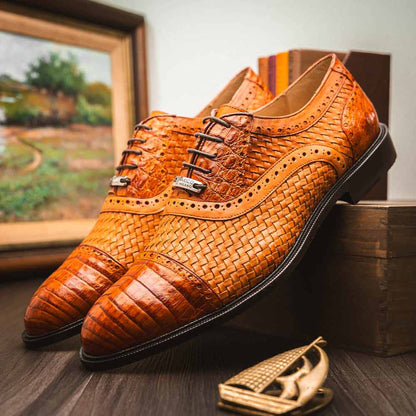 John Brandy Men’s Woven calfskin Genuine Caiman Crocodile Cap Toe Oxford | Marco Di Milano