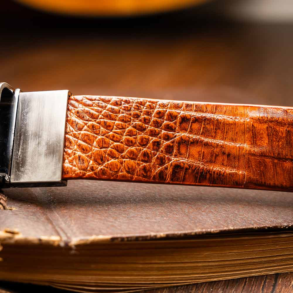 Riccardo Genuine Exotic Caiman Fuscus-Belly Brandy Belt with a Chrome Buckle | Marco Di Milano Exotic Belt