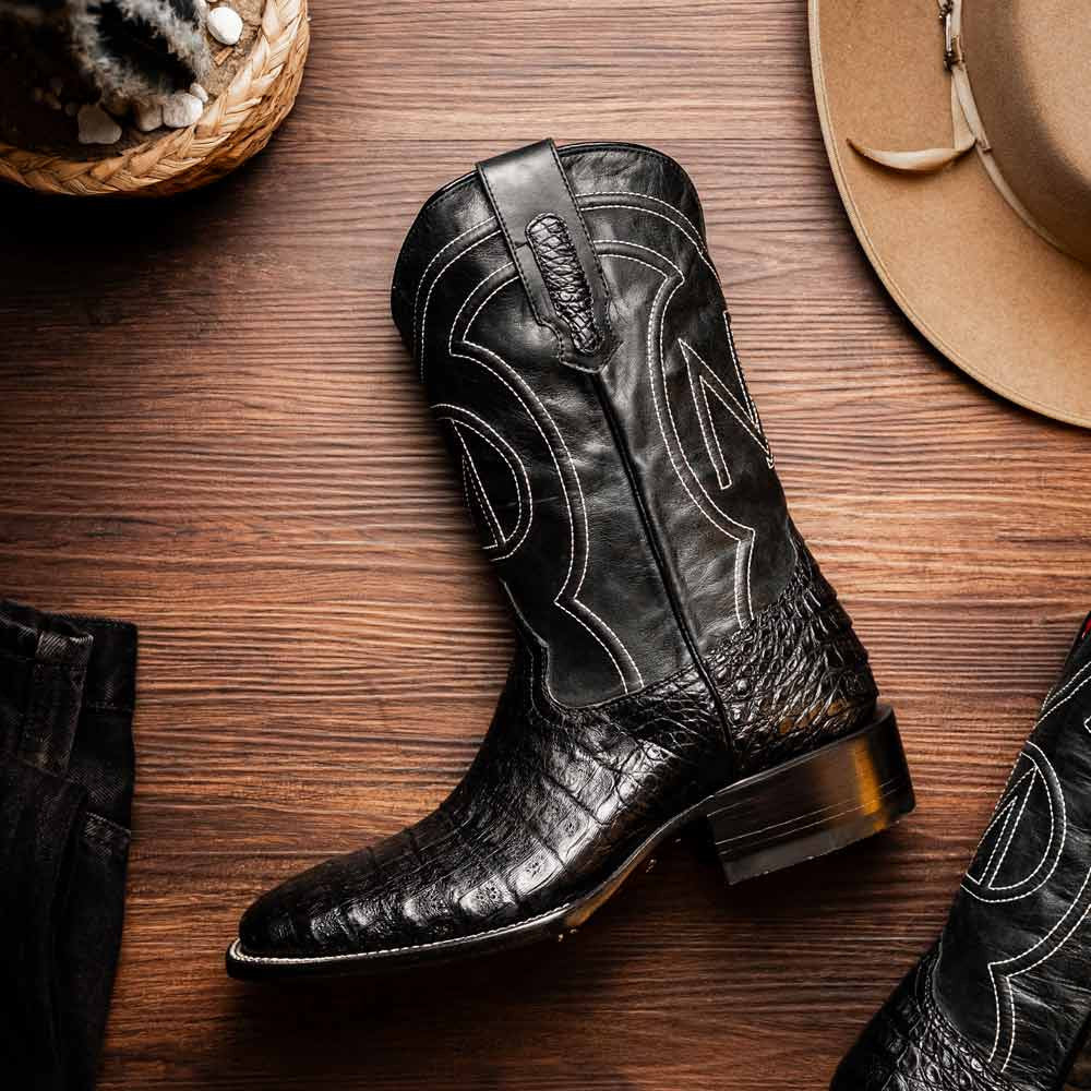 Tucson Genuine Caiman Belly Skin Black Cowboy Boot | Marco Di Milano Western Boots