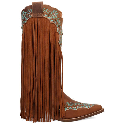 Tequila Sunrise Suede Brown with Turquoise Embroidered Fringe Snip Toe Women Boot | Dingo Western Cowgirl Boots