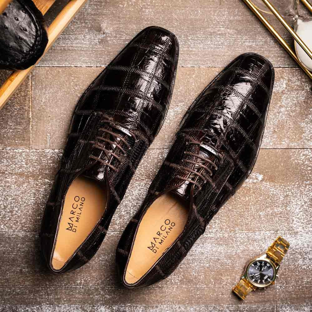 Pissa Brown Men’s Genuine Crocodile and Lizard Skin Patchwork Derby