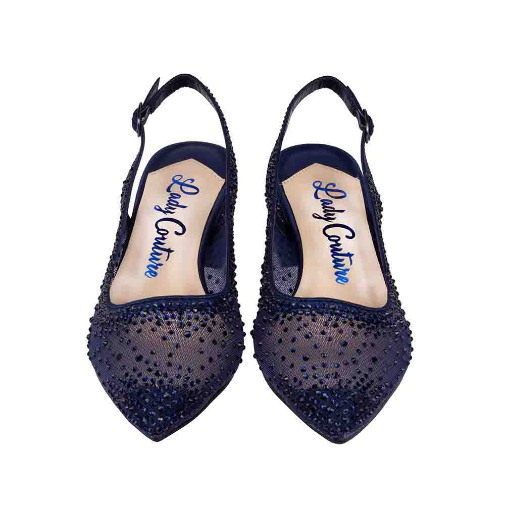 Lady Couture DEMI Navy Rhinestone Mesh Slingback Block with 2.5-Inch Heel