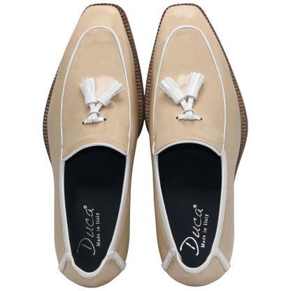 Fano Beige & White Patent Leather Slip On | Duca Dress Loafers for Men