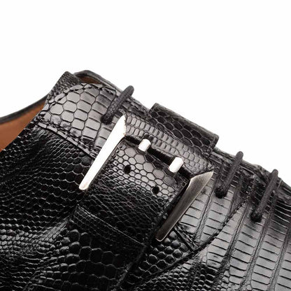 Mezlan Omero Monk-Oxford Black Hand-Burnished Lizard Hybrid Dress Shoes