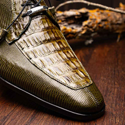Merida Genuine Caiman and Lizard Skin Olive Green Dress Derby | Marco Di Milano
