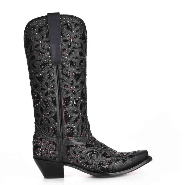 Corral Black Floral Glitter Inlay & Stud Boots