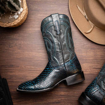 Missouri Genuine Python Skin Black and Blue Cowboy Boot | Marco Di Milano Western Boots