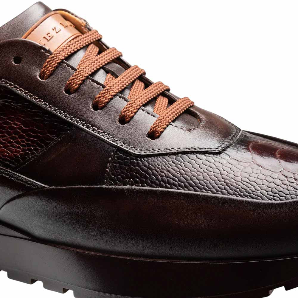 Mezlan Arkley Men's Brown Ostrich & Calfskin Dress Sneaker - Handmade in Spain