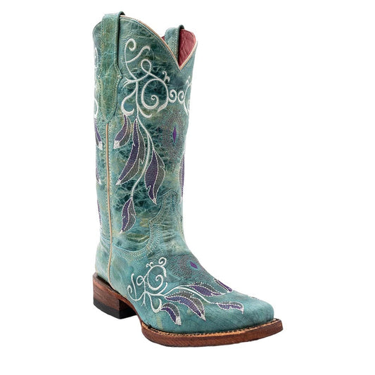 Ferrini Dreamer Sea Foam Embroidered Full Grain Leather Narrow Square Toe Boots
