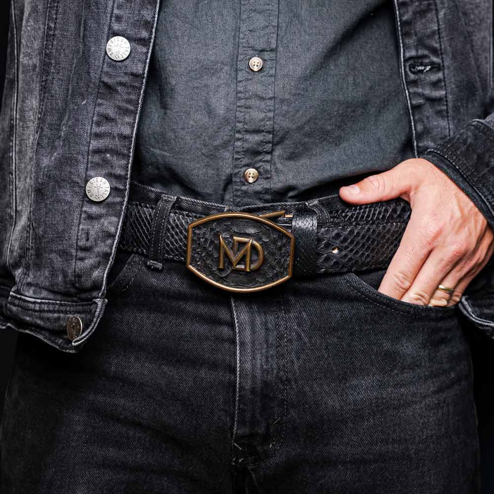 Arkansas Genuine Python Skin Western Belt in Black with Antique Western Buckle | Marco Di Milano Exotic Belt