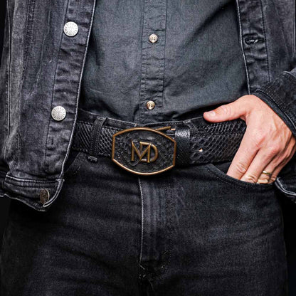 Arkansas Genuine Python Skin Western Belt in Black with Antique Western Buckle | Marco Di Milano Exotic Belt