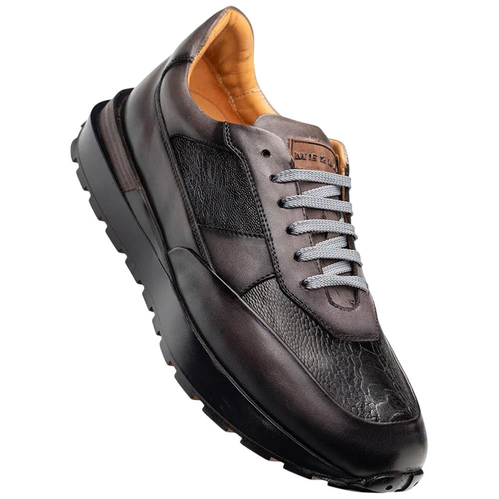 Mezlan Arkley Men's Grey Calfskin & Ostrich Dress Sneaker - Handmade in Spain
