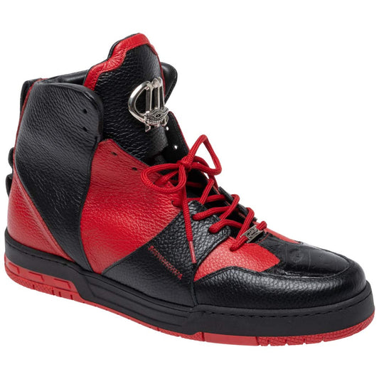 Mauri Men's Baby Crocodile Skin & Leather Black/Red HOOK Sneakers (USA Men Size)