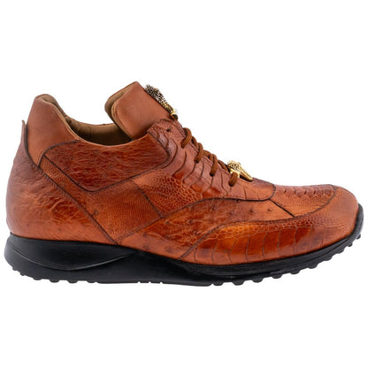 MAURI Shoes Men’s Brett Mid-Top Cognac Ostrich Quill, Ostrich Leg & Calfskin Leather Luxury Ankle Sneakers