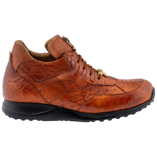 MAURI Shoes Men’s Brett Mid-Top Cognac Ostrich Quill, Ostrich Leg & Calfskin Leather Luxury Ankle Sneakers