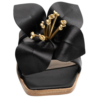Lady Couture Women's Blossom Black Leather Slide Sandals
