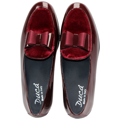 Amalfi Burgundy Velvet & Patent Leather Slip on | Duca Bow Dress Loafers