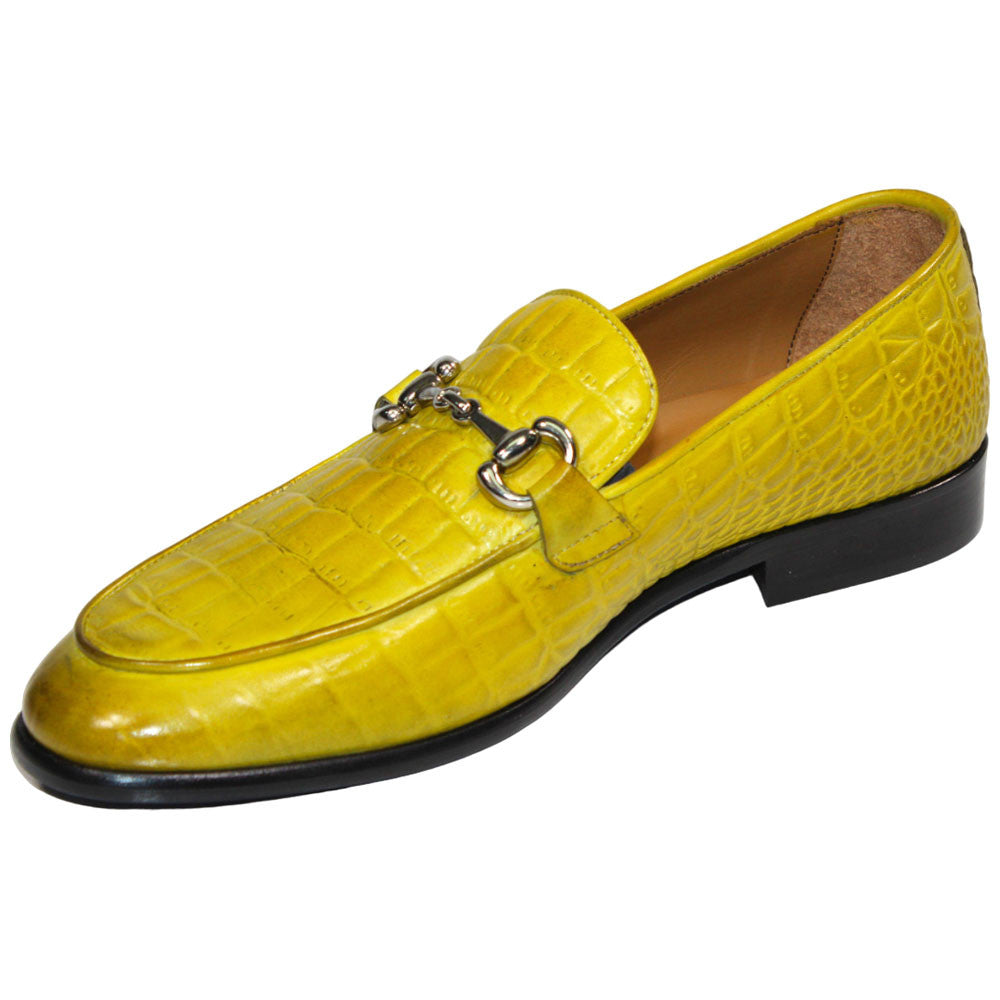 Duca Vasto Men's Yellow Croco Print Leather Loafers