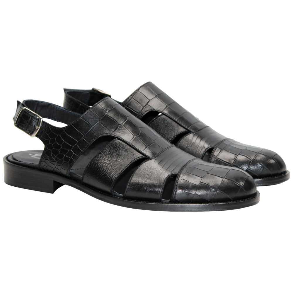 Positano Black Calfskin Crocodile Print Leather Sandal | Duca Dress Sandals