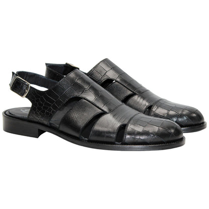 Positano Black Calfskin Crocodile Print Leather Sandal | Duca Dress Sandals