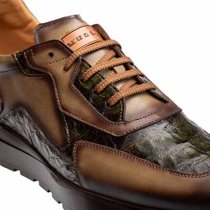 Mezlan Beckton Men's Olive Patina Calfskin & Crocodile Dress Sneaker - Handmade in Spain