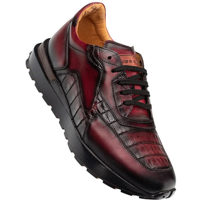 Mezlan Beckton Men's Burgundy Patina Calfskin & Crocodile Dress Sneaker - Handmade in Spain