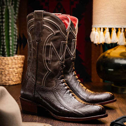 Denver Genuine Ostrich Leg Skin Brown Cowboy Boot | Marco Di Milano Western Boots