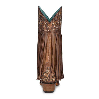 Corral Bone Honey and Lamb Overlay embroidered Fringe leather boots