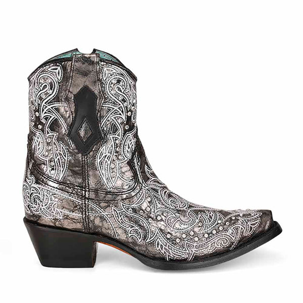 Corral Black and White Embroidery with Crystal Accent Ankle Boots