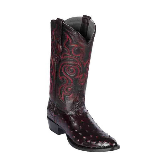 Los Altos Black Cherry Round Toe Genuine Ostrich Skin Boots